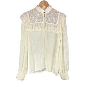 JESSICA'S GUNNIES Vtg 1976 Victorian Toile & Lace Ivory Blouse Pearl Buttons 11